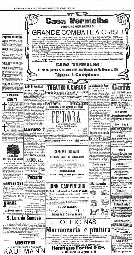 Fragmento da terceira página do jornal Commercio de Campinas, edição de 3 de Agosto de 1907