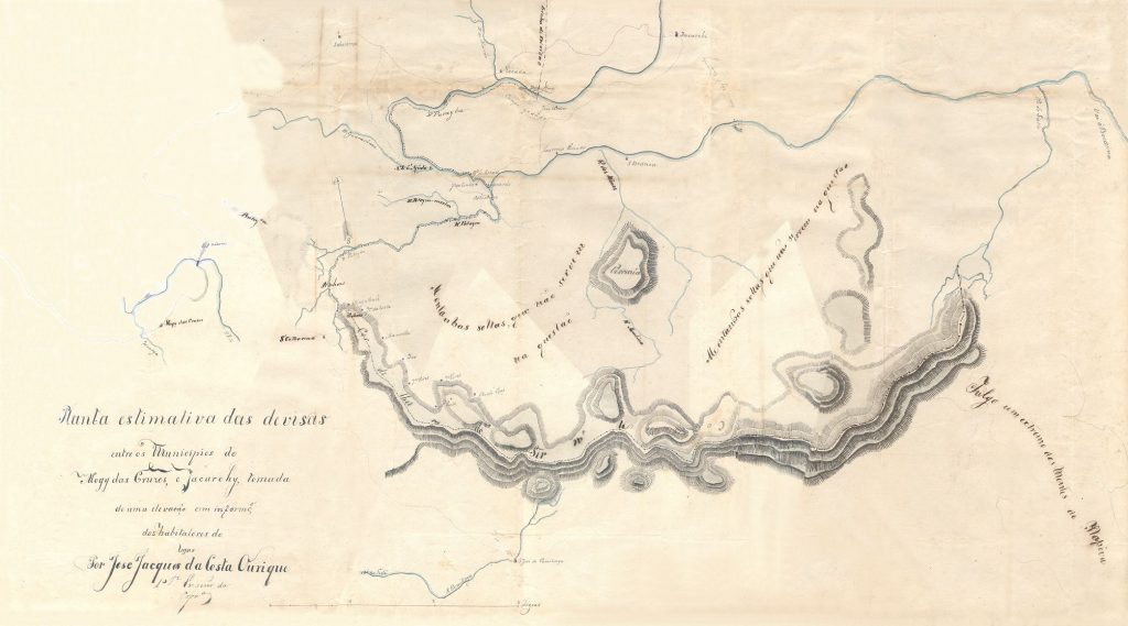 Planta de José Jacques da Costa Ourique com estimativa das divisas entre Mogi das Cruzes e Jacareí