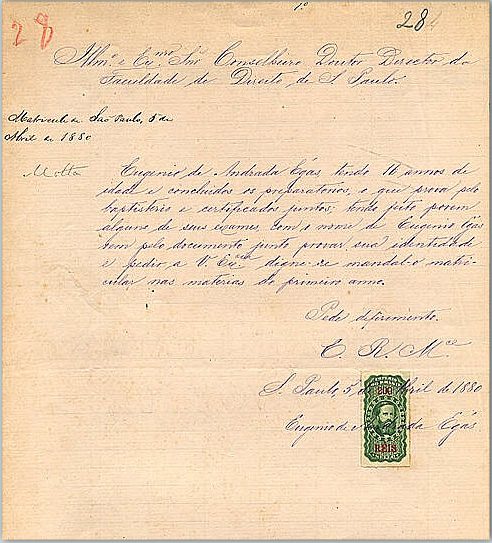 Requerimento de matrícula de Eugenio Egas na Faculdade de Direito