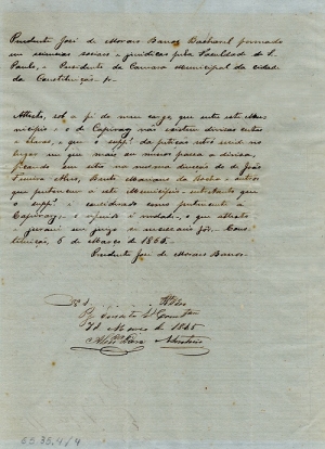 Atestado do Presidente da Câmara Municipal de Constituição, Prudente de Moraes, sobre localização de propriedade de munícipe. 6 de março de 1865. Atestado do Presidente da Câmara Municipal de Constituição, Prudente de Moraes, sobre localização de propriedade de munícipe. 6 de março de 1865.