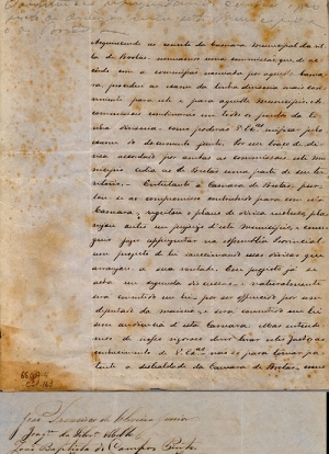 Representação da Câmara Municipal de Constituição, atual Piracicaba, contra o projeto proposto pela Câmara Municipal de Brotas, que tratava sobre os limites entre os dois referidos municípios. Documento redigido, de próprio punho, por Prudente de Moraes, então presidente da Câmara Municipal de Constituição. 5 de abril de 1866. Representação da Câmara Municipal de Constituição, atual Piracicaba, contra o projeto proposto pela Câmara Municipal de Brotas, que tratava sobre os limites entre os dois referidos municípios. Documento redigido, de próprio punho, por Prudente de Moraes, então presidente da Câmara Municipal de Constituição. 5 de abril de 1866.