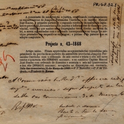 Projeto de Lei nº 42 de 3 de março de 1868, da Comissão de Constituição e Justiça, aprovando a aposentadoria de funcionários da Assembléia Provincial. Projeto de Lei nº 42 de 3 de março de 1868, da Comissão de Constituição e Justiça, aprovando a aposentadoria de funcionários da Assembléia Provincial.