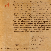 Requerimento, de 28 de maio de 1869, de autoria de Prudente de Moraes, solicitando cópia de parecer no qual foi embasada a decisão do Presidente da Província que anulou um contrato e mandou contratar outra empresa para iluminação da capital. Requerimento, de 28 de maio de 1869, de autoria de Prudente de Moraes, solicitando cópia de parecer no qual foi embasada a decisão do Presidente da Província que anulou um contrato e mandou contratar outra empresa para iluminação da capital.