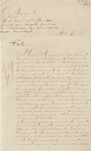 Ofício da Câmara Municipal de Piracicaba solicitando que o imposto predial do município seja considerado como renda municipal. 26 de fevereiro de 1877. Ofício da Câmara Municipal de Piracicaba solicitando que o imposto predial do município seja considerado como renda municipal. 26 de fevereiro de 1877.