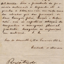 Projeto de Lei nº 145, de 11 de fevereiro de 1882, de autoria de Prudente de Moraes, autorizando a despesa de um conto e meio de réis, para a construção de cada uma das estradas de Dois Córregos, Jaú, Lençóis e Botucatu até as respectivas estações da Companhia de Navegação Fluvial Paulista. Projeto de Lei nº 145, de 11 de fevereiro de 1882, de autoria de Prudente de Moraes, autorizando a despesa de um conto e meio de réis, para a construção de cada uma das estradas de Dois Córregos, Jaú, Lençóis e Botucatu até as respectivas estações da Companhia de Navegação Fluvial Paulista.