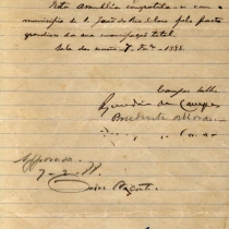 Requerimento, de 7 de fevereiro de 1888, de co-autoria de Prudente de Moraes, congratulando o município de São João do Rio Claro por sua emancipação. Requerimento, de 7 de fevereiro de 1888, de co-autoria de Prudente de Moraes, congratulando o município de São João do Rio Claro por sua emancipação.