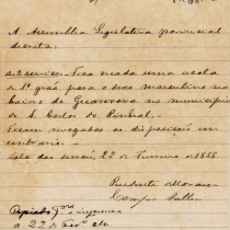 Projeto de Lei nº 146, de 26 de fevereiro de 1888, de autoria de Prudente de Moraes, criando uma escola de primeiro grau em São Carlos do Pinhal. Projeto de Lei nº 146, de 26 de fevereiro de 1888, de autoria de Prudente de Moraes, criando uma escola de primeiro grau em São Carlos do Pinhal.