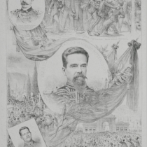 Homenagem, de autoria de Angelo Agostini publicada na revista Don Quixote, ao Marechal Carlos Machado Bittencourt, Ministro da Guerra, assassinado no atentado contra a vida do Presidente Prudente de Moraes, em 5 de novembro de 1897. Homenagem, de autoria de Angelo Agostini publicada na revista Don Quixote, ao Marechal Carlos Machado Bittencourt, Ministro da Guerra, assassinado no atentado contra a vida do Presidente Prudente de Moraes, em 5 de novembro de 1897.