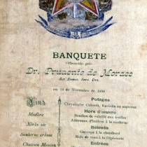 Menu do jantar de confraternização pela despedida de Prudente de Moraes da Presidência da República – 14 de novembro de 1898. Menu do jantar de confraternização pela despedida de Prudente de Moraes da Presidência da República – 14 de novembro de 1898.