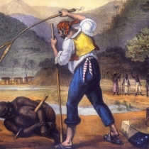 Gravura de Jean-Baptiste Debret retratando castigo a escravo. Gravura de Jean-Baptiste Debret retratando castigo a escravo.